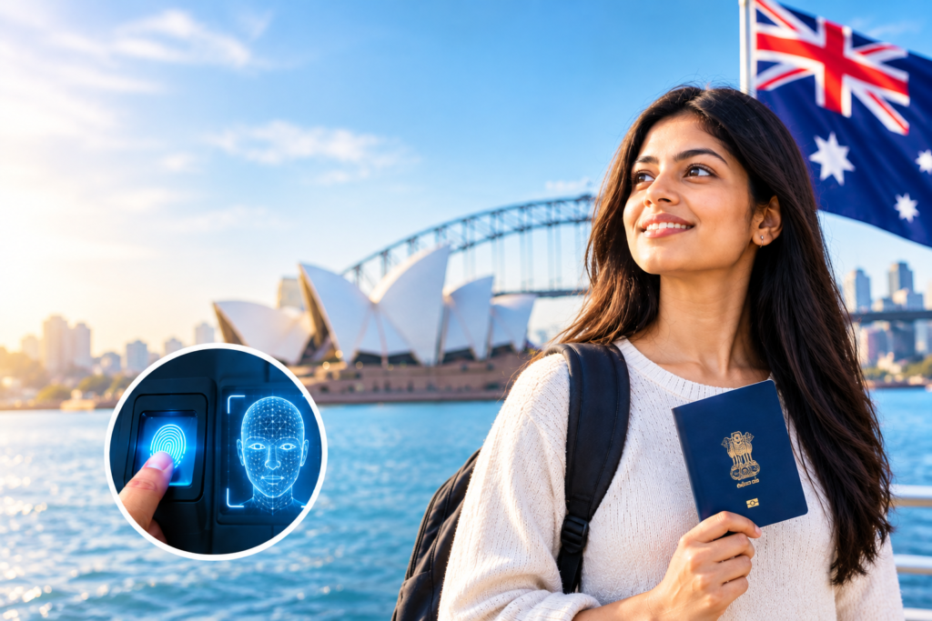 Indian woman holding a passport with the Australian flag, Sydney Opera House, and biometric fingerprint and facial recognition technology in the background.