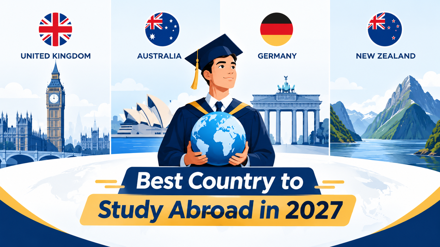 Best Country to Study Abroad in 2027 – UK, Australia, Germany, and New Zealand flags with landmarks and a graduate holding a globe.
