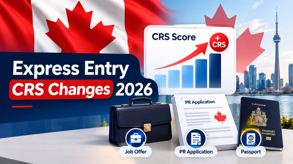 Express Entry CRS Changes 2026 featuring the Canadian flag, rising CRS score chart, job offer, PR application, and Canadian passport.