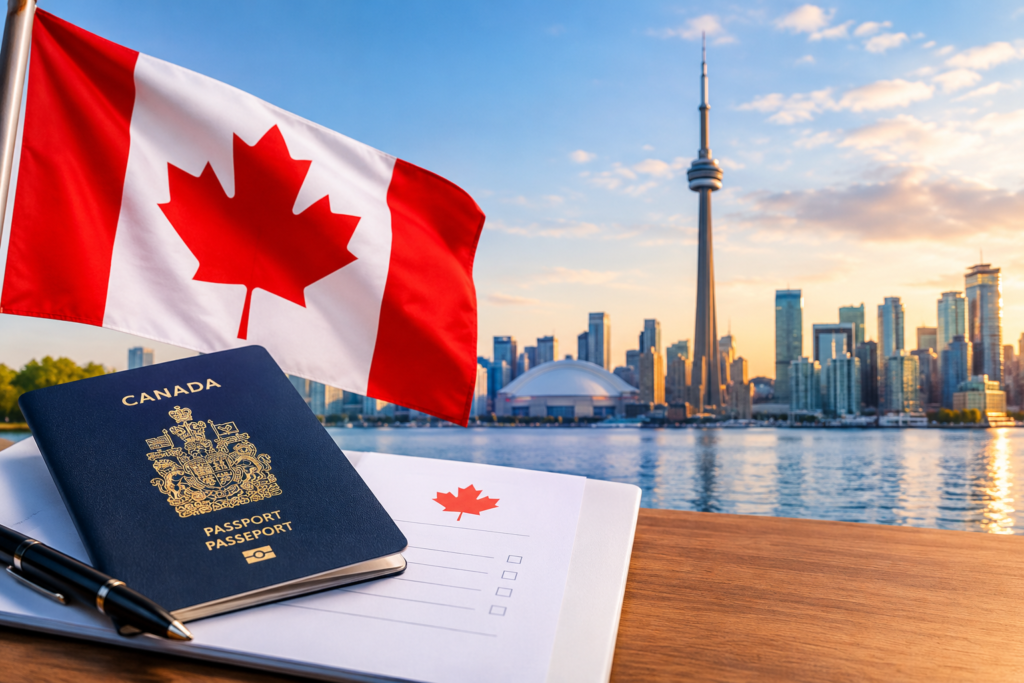 Canadian flag and passport with Toronto skyline representing Canada Express Entry and permanent residency immigration.
