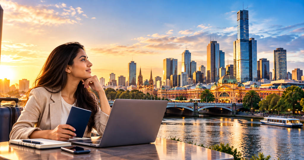 Skilled migration to Victoria, Australia, featuring a young professional with a laptop and passport overlooking Melbourne’s skyline and the Yarra River at sunset.