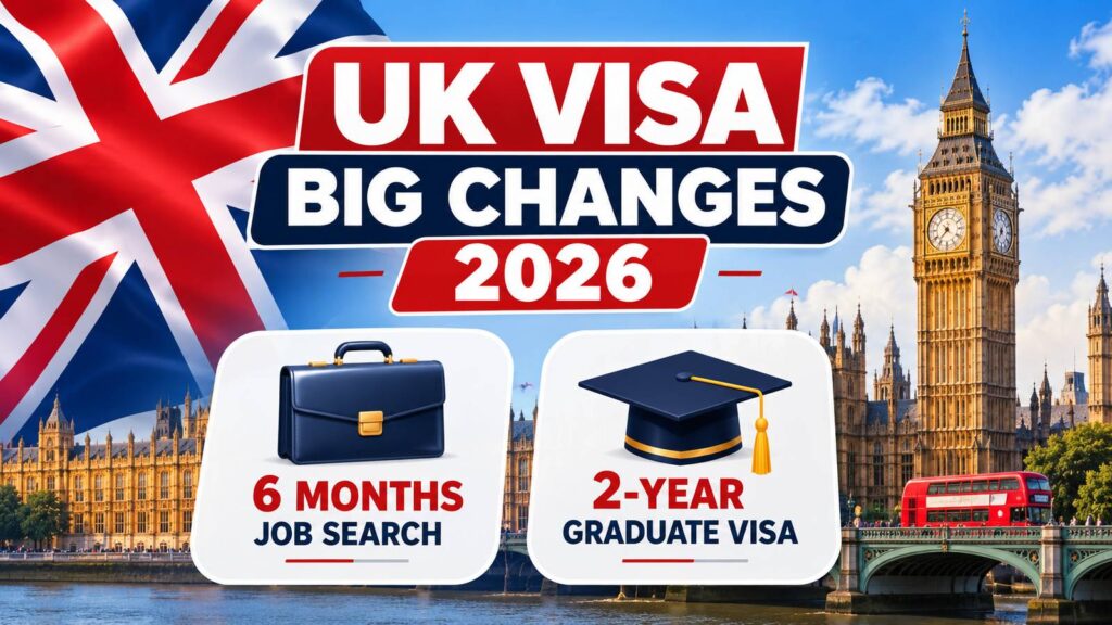 UK Visa Big Changes 2026 featuring Big Ben, the British flag, 6-month job search period, and 2-year Graduate Visa updates.